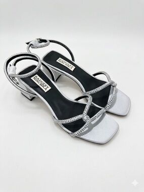 Badgley Mischka Brisa Strass Silver Crystal-Strap Square Toe Block Heel Sandal 6